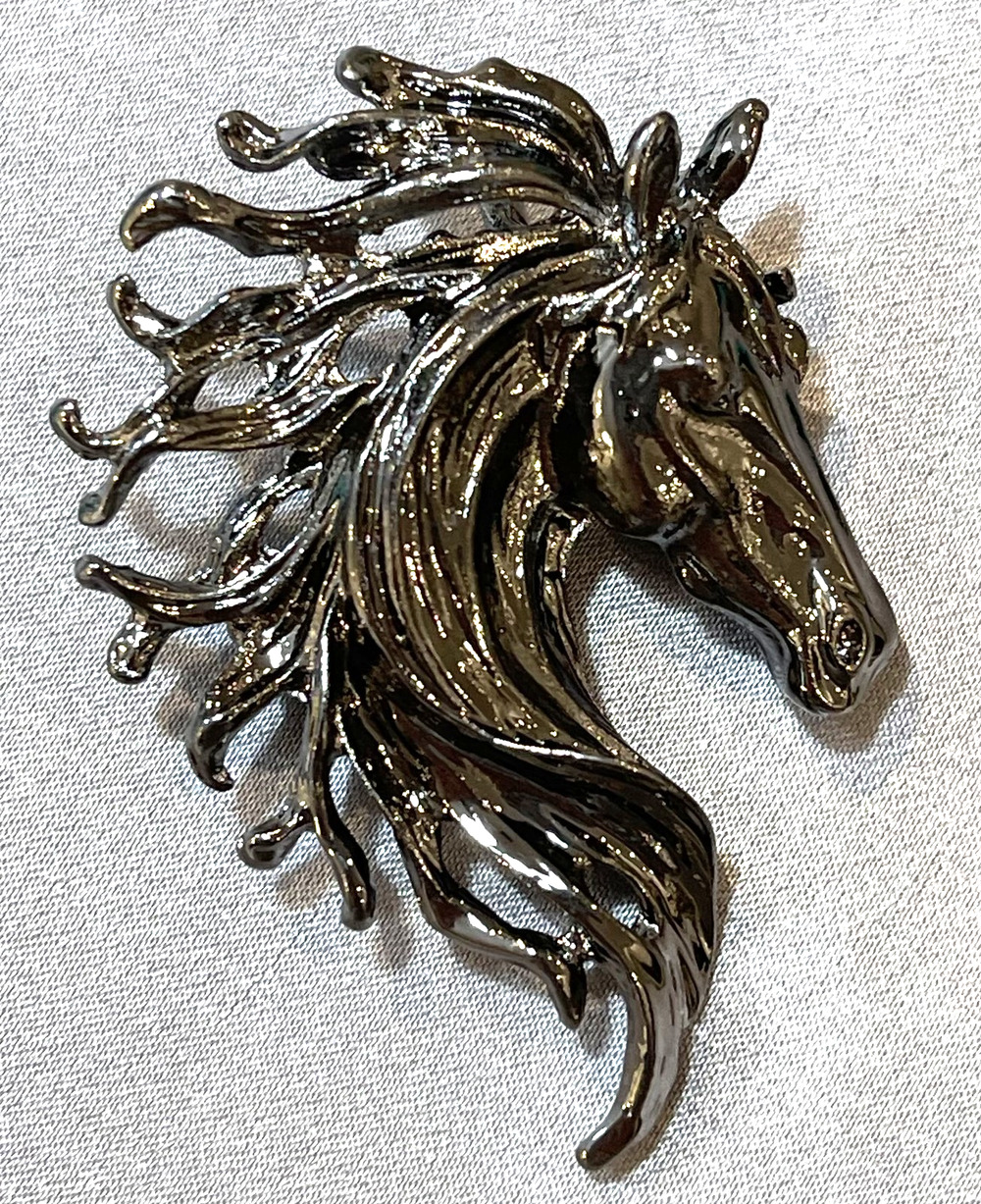 NWOT Black Silver Horse Head Lapel Pin Brooch Galloping Mane Animal Jewelry